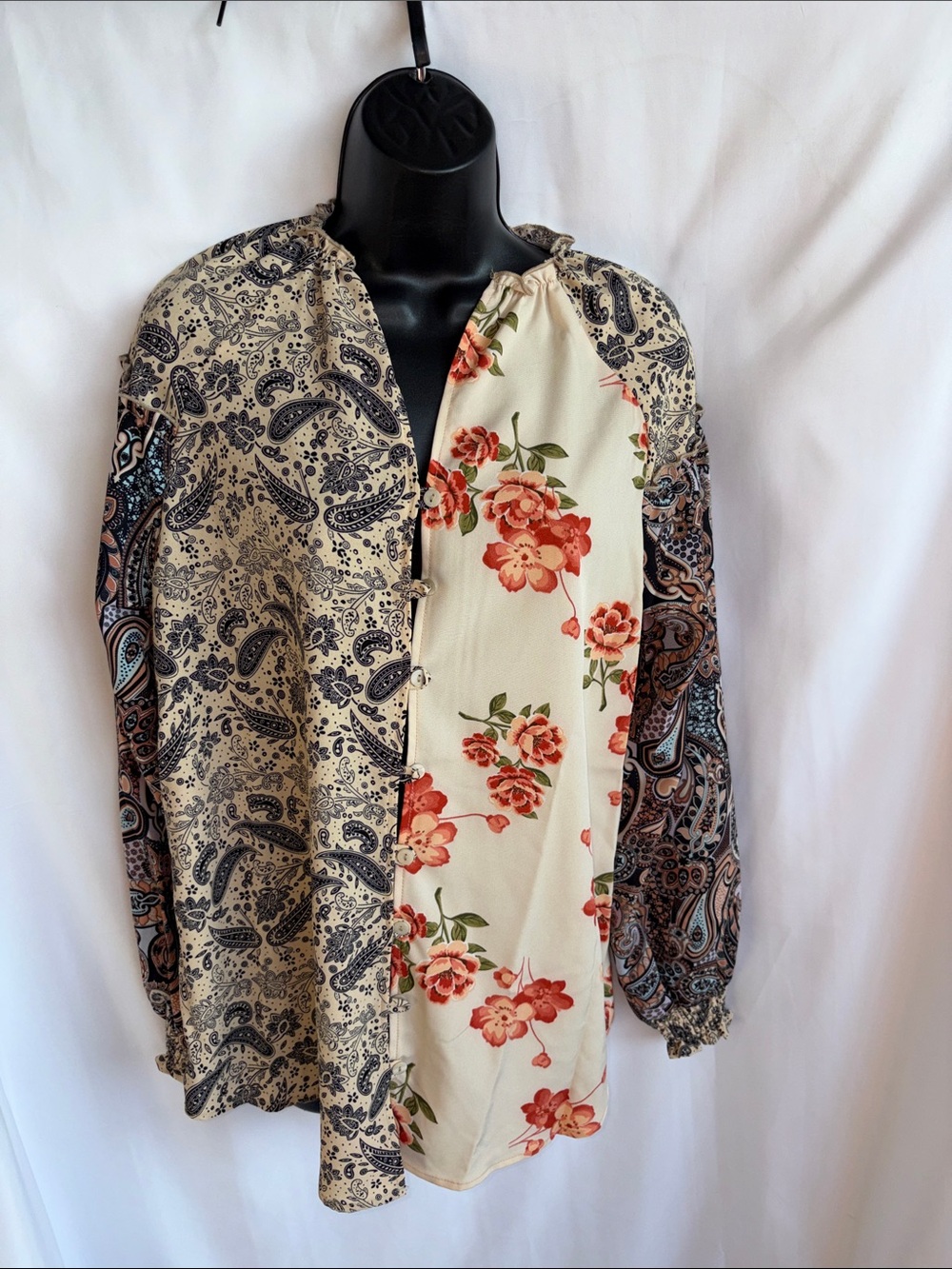 Mazik Paisley & Floral Tunic Button Down Blouse, Sz S, 19” PTP, 28” L, like new